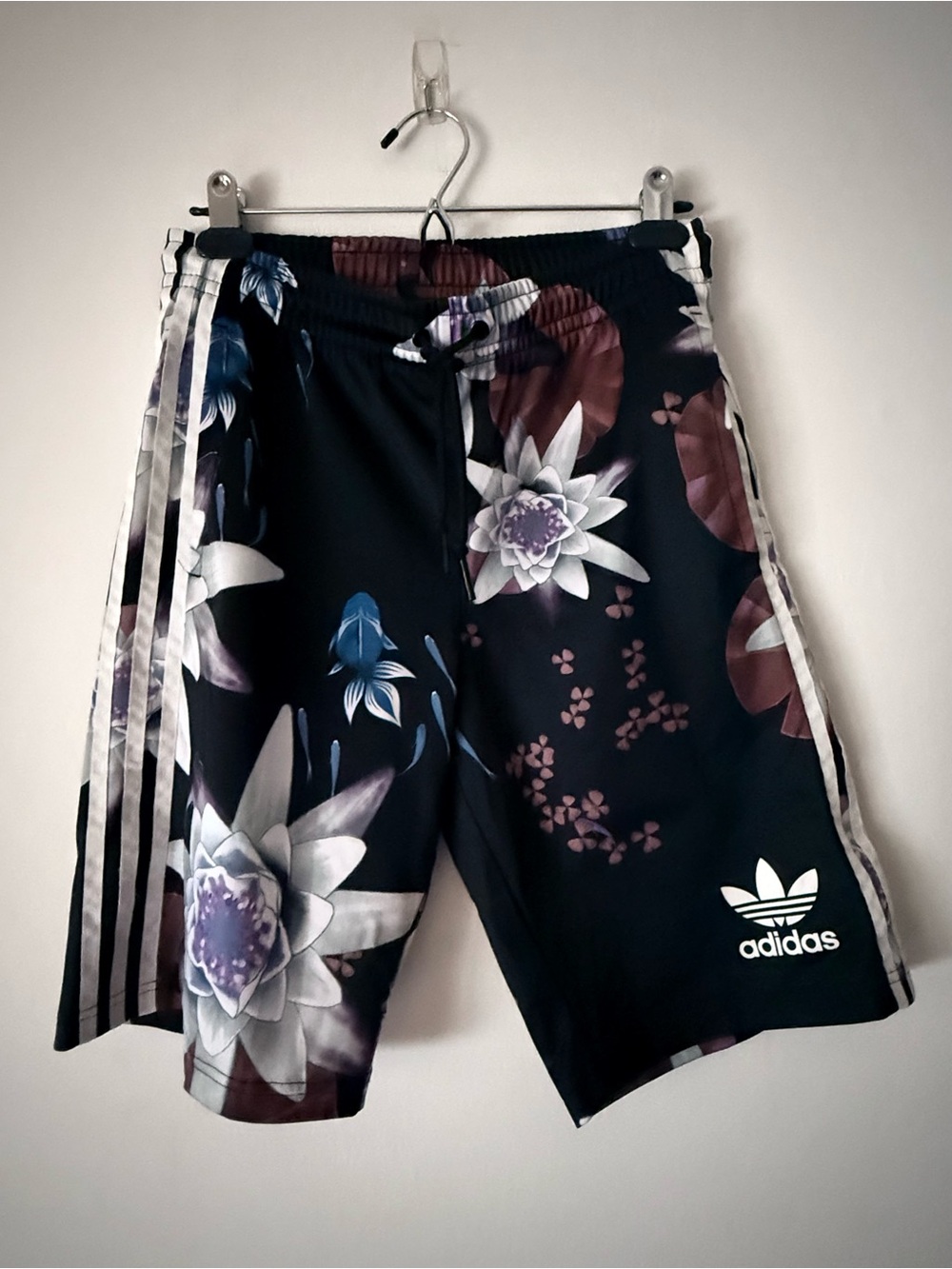 Adidas Originals XS Black Hawaiian Floral Print Shorts with White Stripes